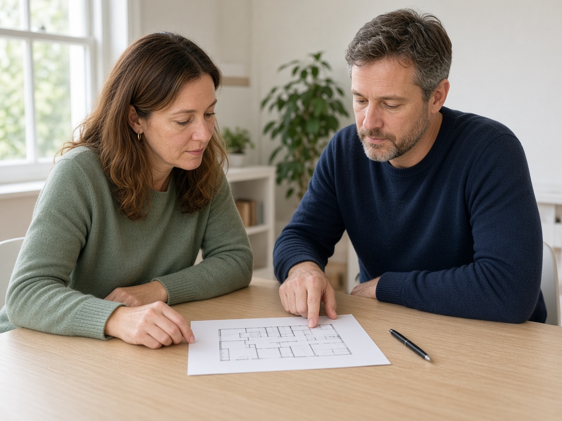 Two adults reviewing a floor plan together during a home consultation