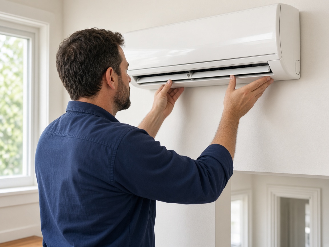 Technician positioning a wall-mounted mini-split indoor unit